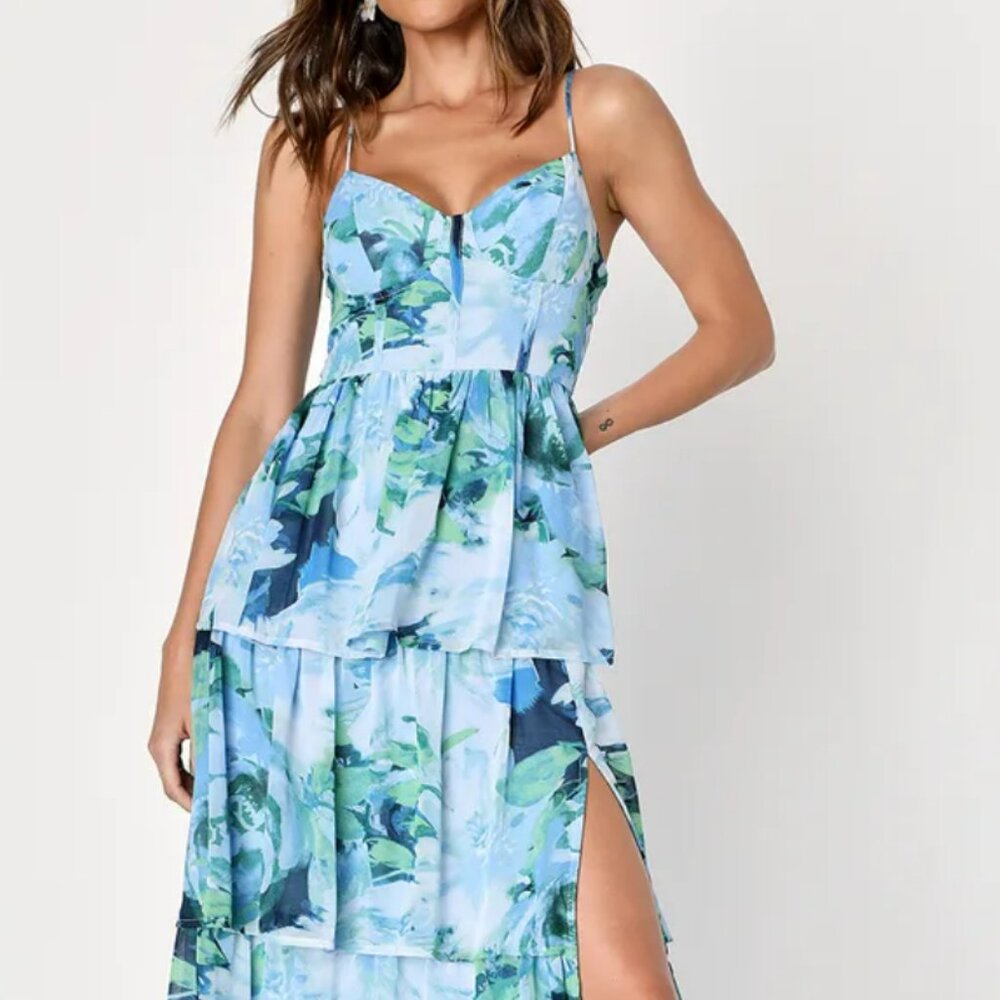 EUC Beautiful Vibes Light Blue Floral Bustier Tiered Midi Dress
